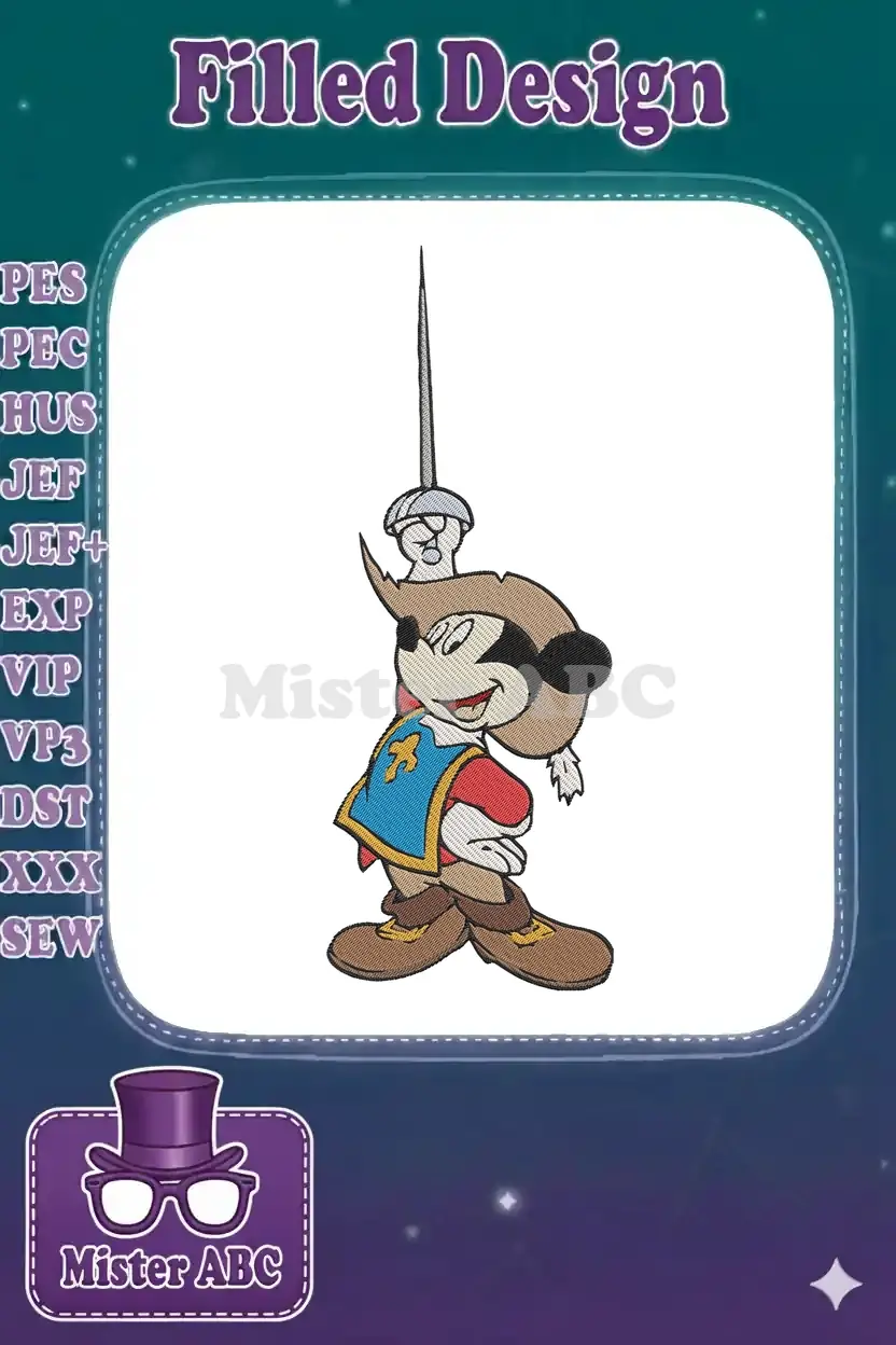 Mickey Mouse as a valiant musketeer, holding a sword, in a detailed, colorful embroidery design. Ready for adventure.
