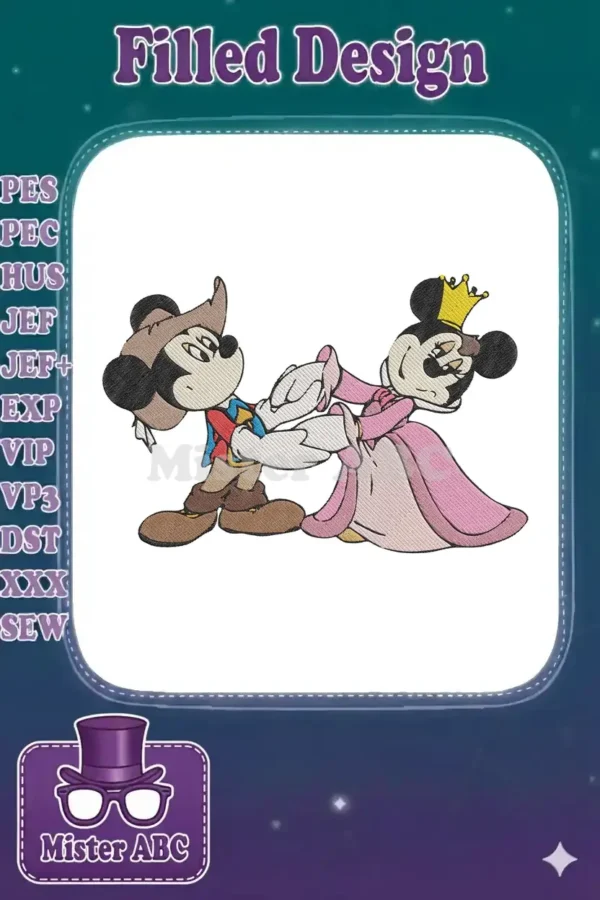Mickey Mouse as a cowboy/adventurer dancing with Princess Minnie Mouse, an enchanting embroidery design.
