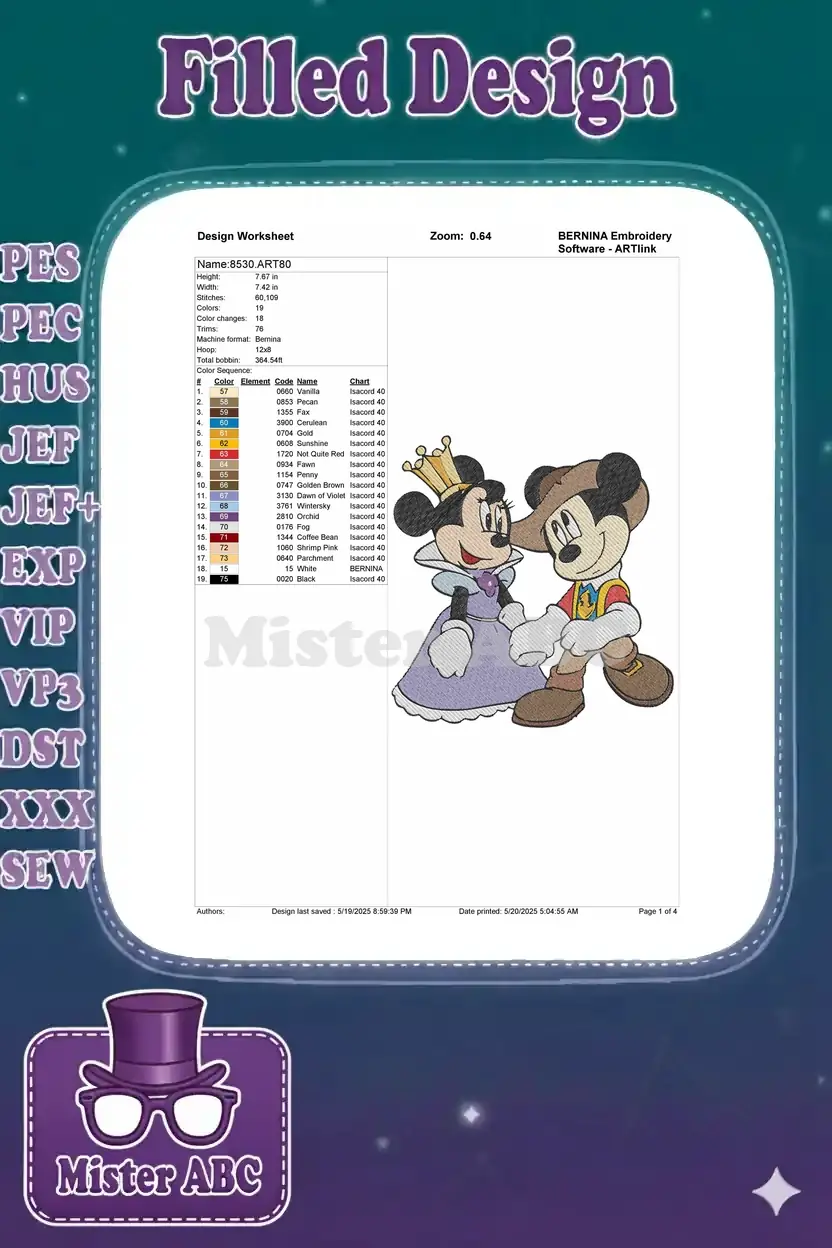 Detailed embroidery design worksheet showing dimensions, stitch count, color sequence, and thread chart.
