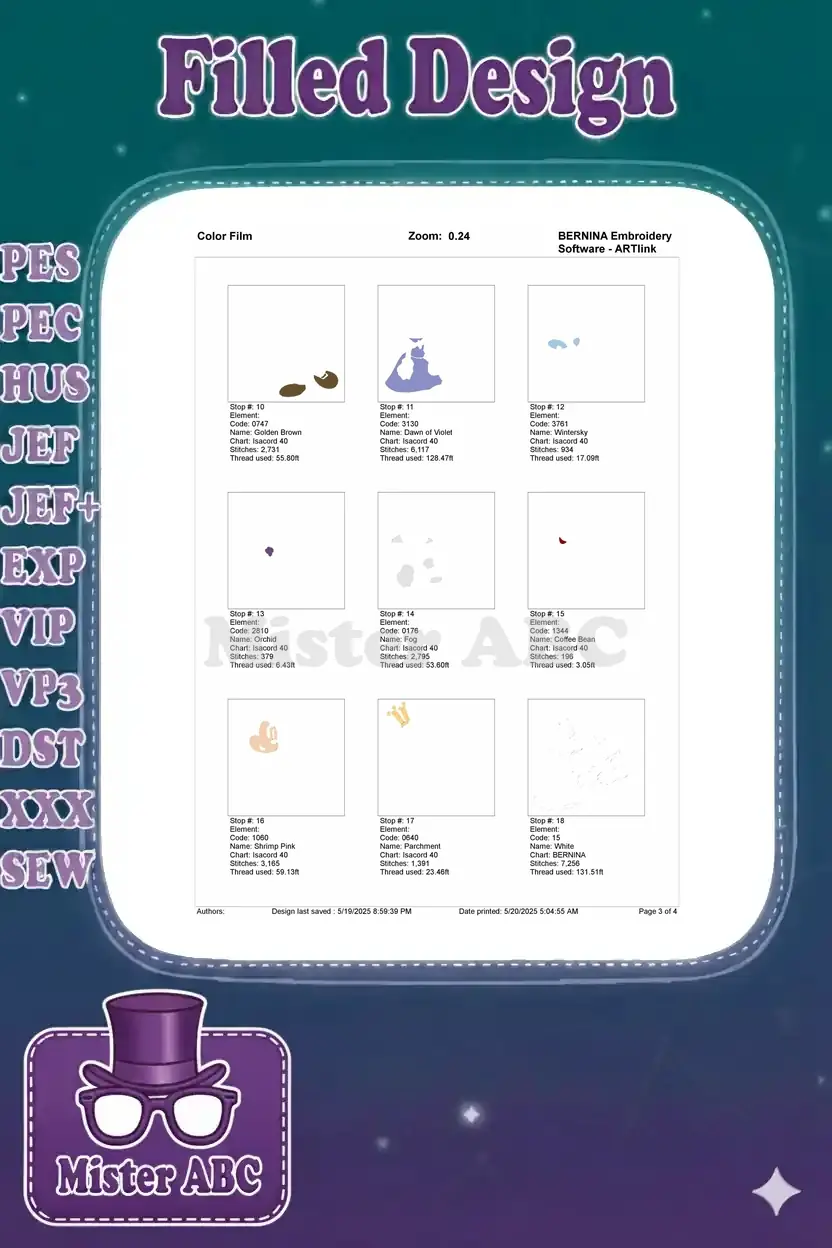 Second page of the color film, showing embroidery steps from ten to eighteen with thread details.