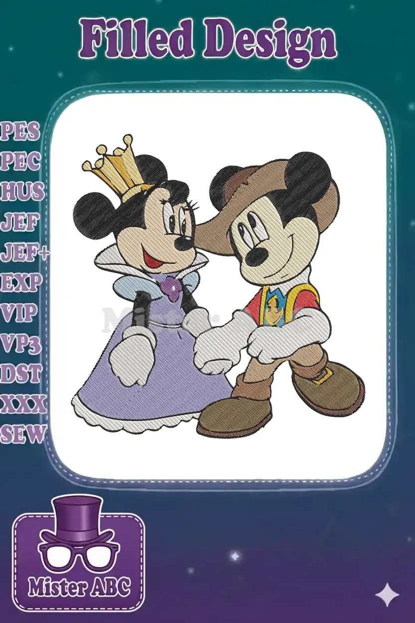 Vibrant embroidery of Princess Minnie and Musketeer Mickey holding hands, a delightful Disney-themed design.