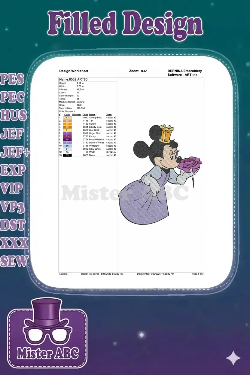 Embroidery design worksheet for Minnie Mouse princess, showing dimensions, stitch count, color chart, and thread details.