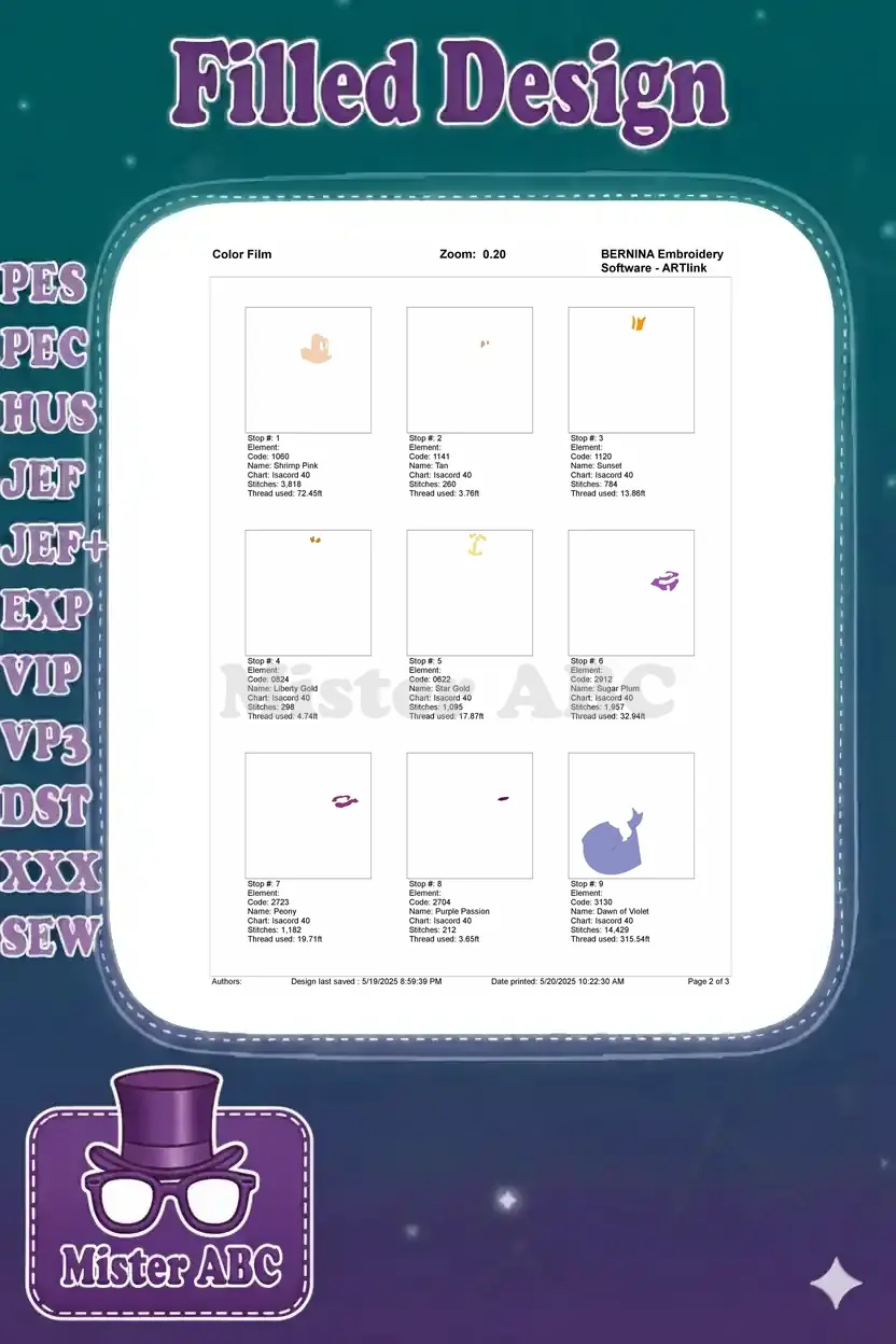 First page of the embroidery color film, illustrating the stitch order and thread details for the initial 9 colors.