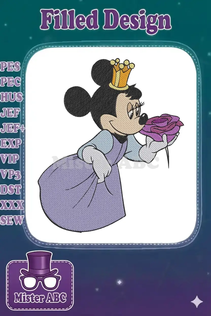 Minnie Mouse as a princess, wearing a golden crown and a lavender gown, gracefully smelling a vibrant purple rose.