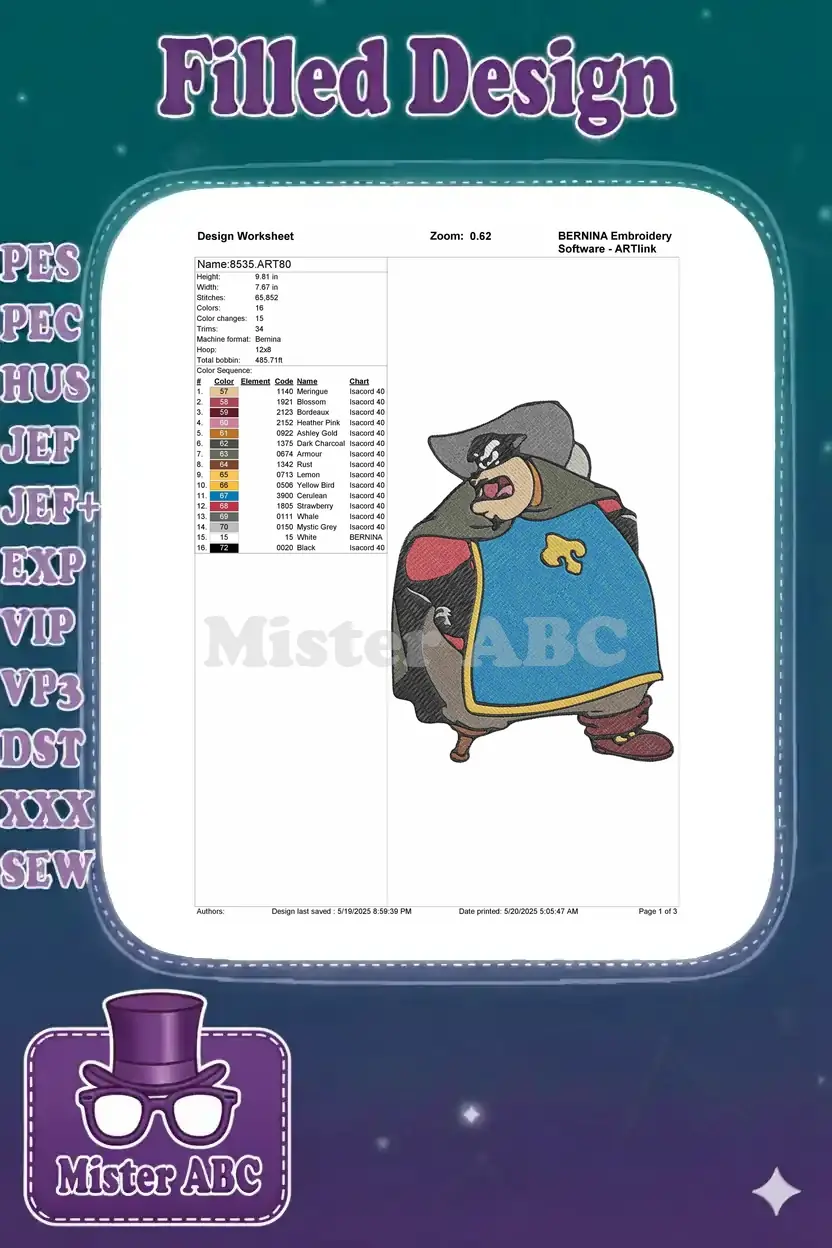 A detailed embroidery design worksheet for Peg-Leg Pete, showing stitch counts, colors, and dimensions.