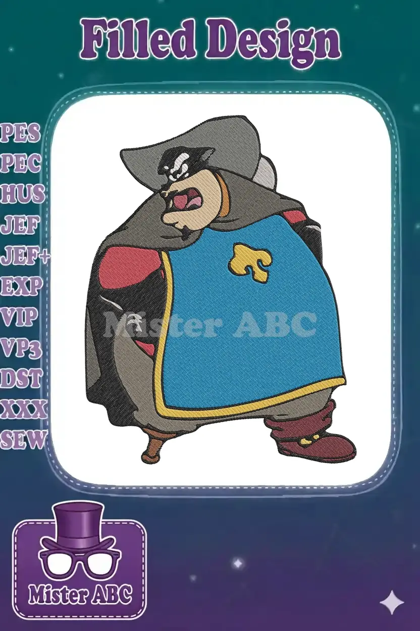 A colorful embroidery design of Peg-Leg Pete, the classic Disney villain, in a pirate-like stance.