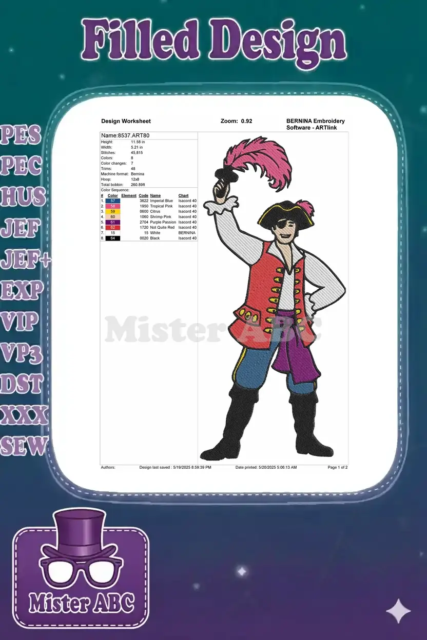 Detailed embroidery design worksheet for Captain Feathersword, showing size, stitch count, and color sequence.