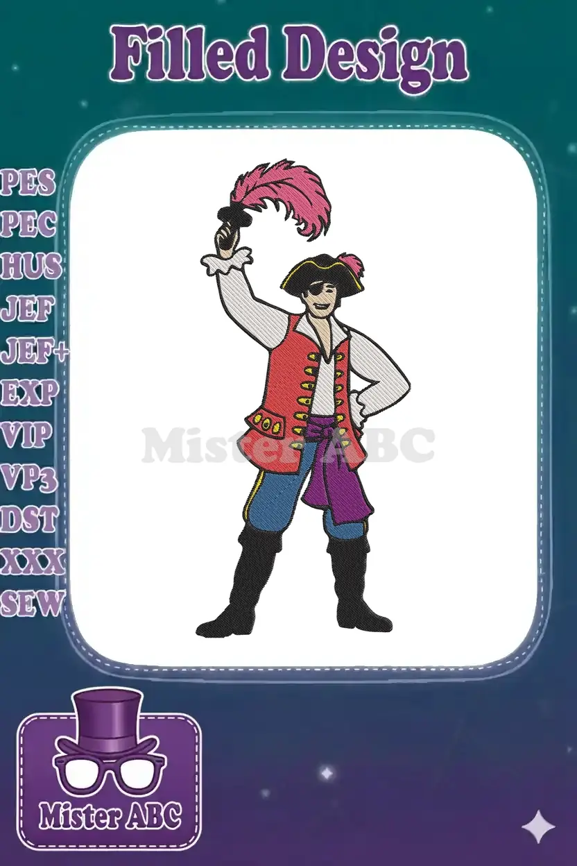 A vibrant embroidery design featuring Captain Feathersword from The Wiggles, ready for adventure with his signature feather hat.