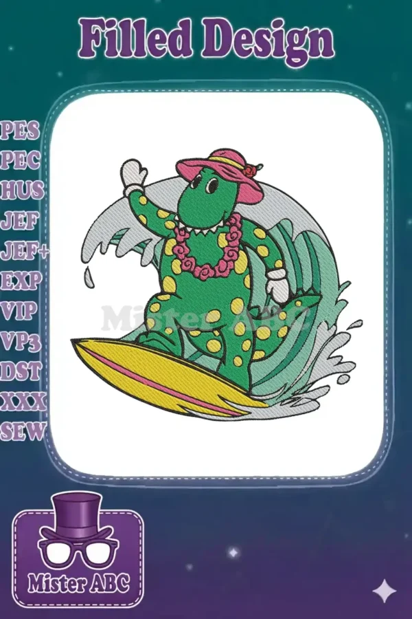 Vibrant embroidery of Dorothy the Dinosaur surfing a blue wave, wearing a pink hat and lei, with a yellow surfboard.