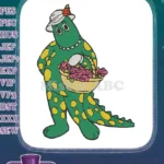 Green dinosaur Dorothy holding a basket of pink roses embroidery designs - Instant Download