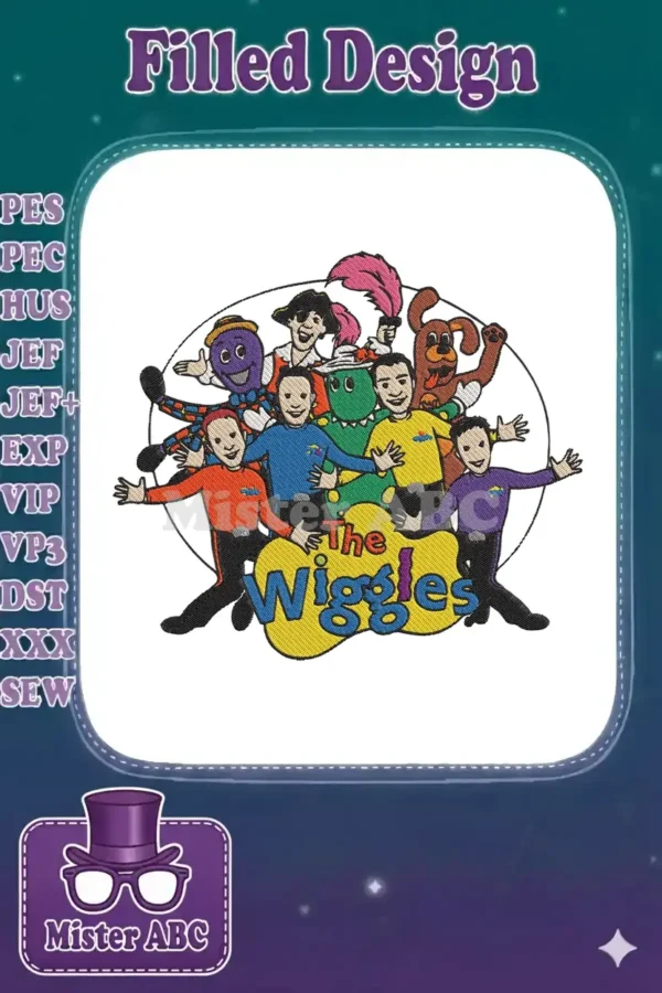 Embroidered Wiggles design featuring Anthony, Lachy, Simon, Tsehay, Dorothy, Wags, Henry, and Captain Feathersword.