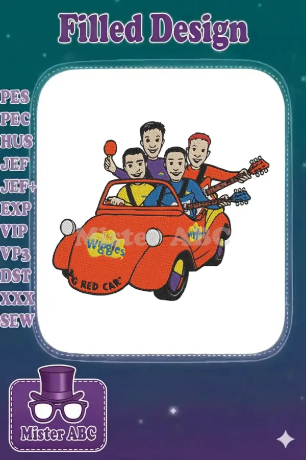 Vibrant embroidery of The Wiggles (Greg, Anthony, Murray, Jeff) in their classic Big Red Car, full of joy.