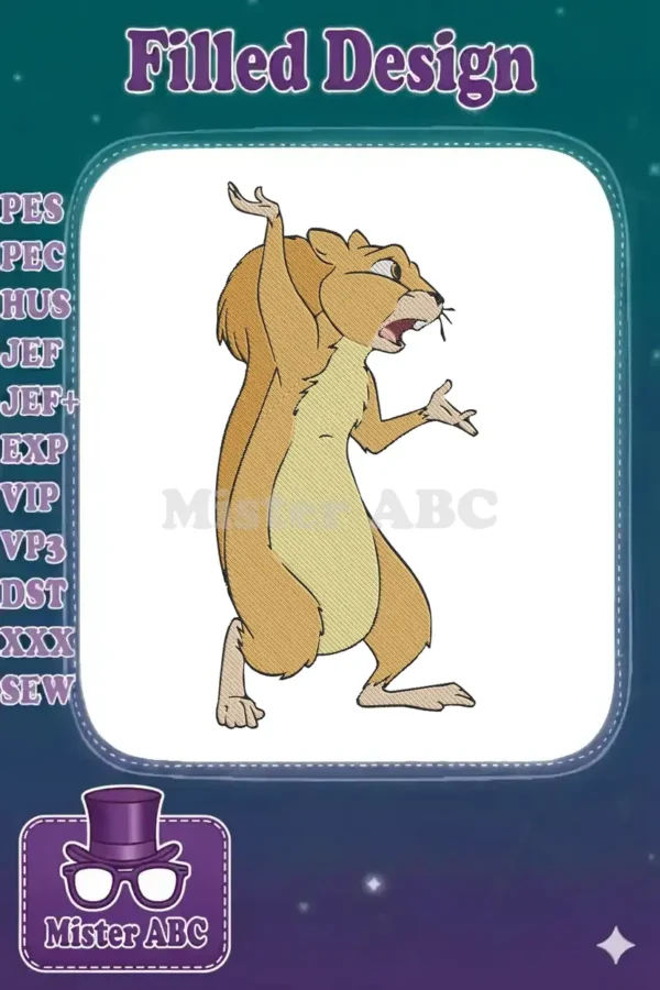 Digitized embroidery design of a surprised chipmunk or squirrel, standing on its hind legs with arms raised in alarm.