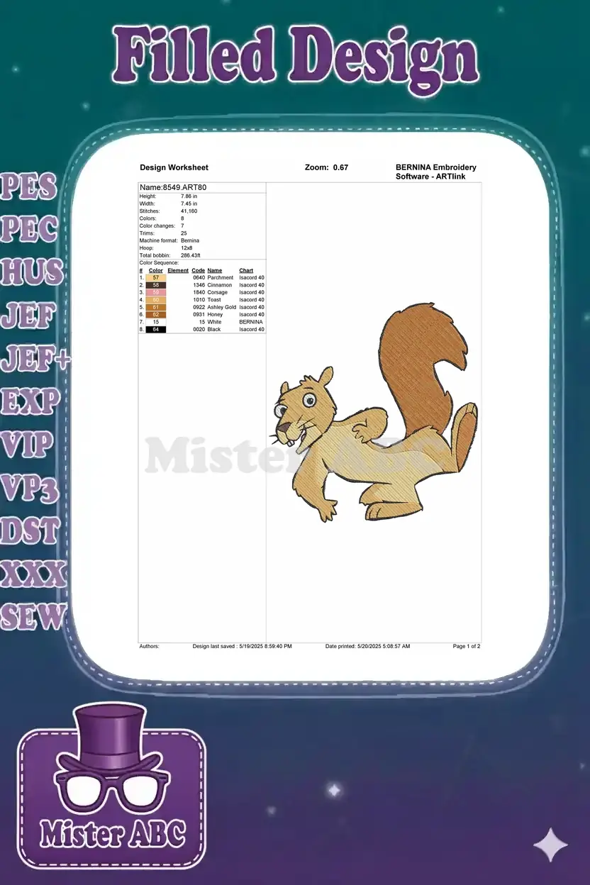 Detailed embroidery design worksheet for the squirrel, showing dimensions, stitch count, colors, and thread brands.