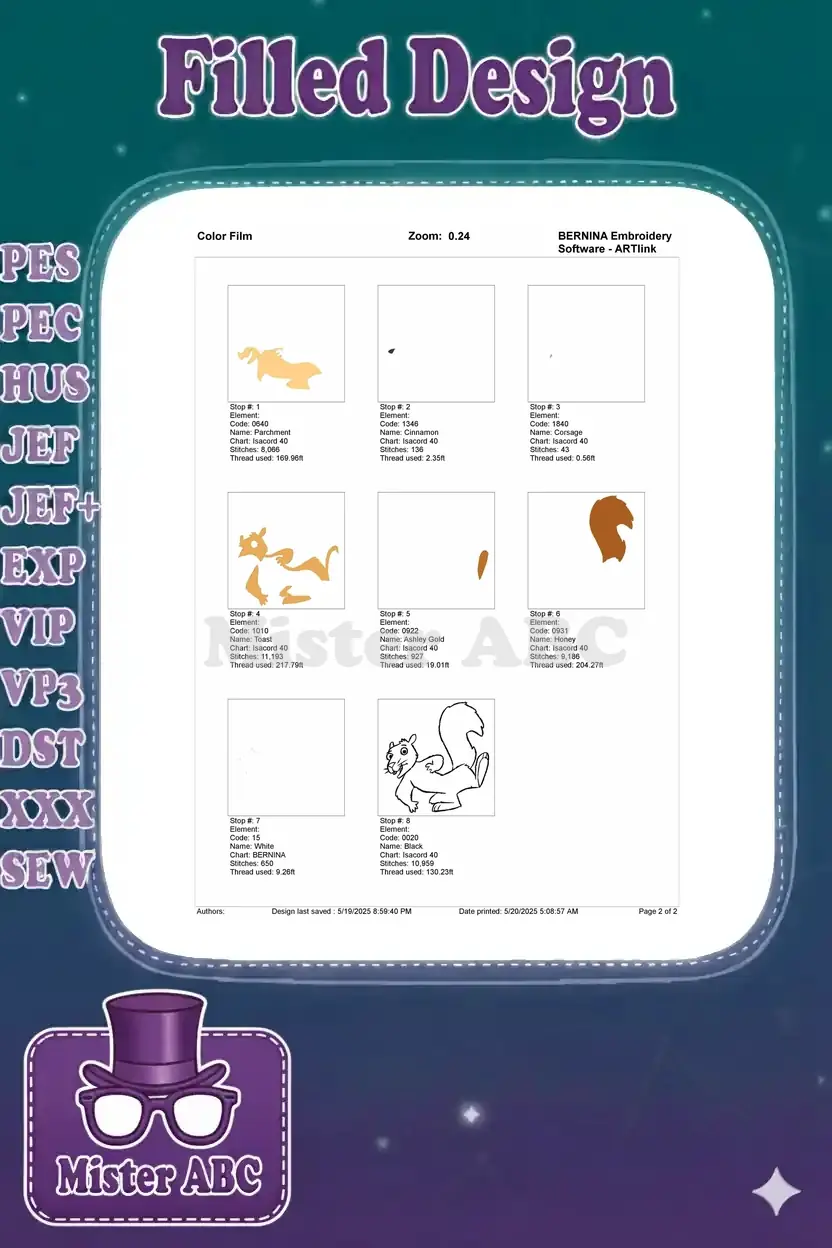 Color film breakdown of the squirrel embroidery, illustrating the individual stitching steps and color layers.