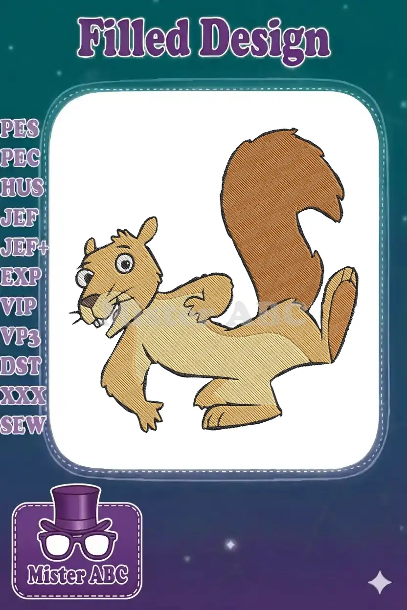 A vibrant, energetic cartoon squirrel embroidery design, mid-run with wide eyes and open mouth, perfect for playful apparel.