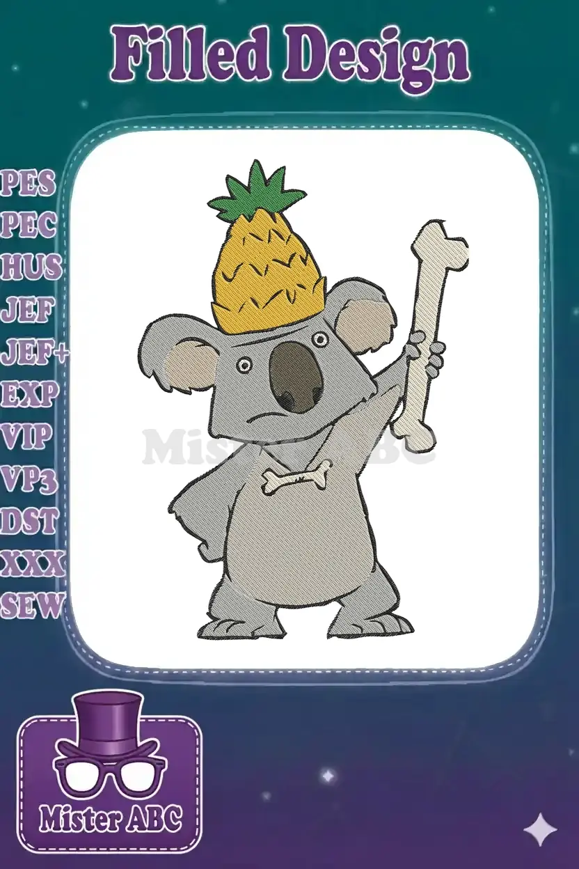 A detailed embroidery design of a grumpy koala wearing a pineapple hat and holding a large bone.