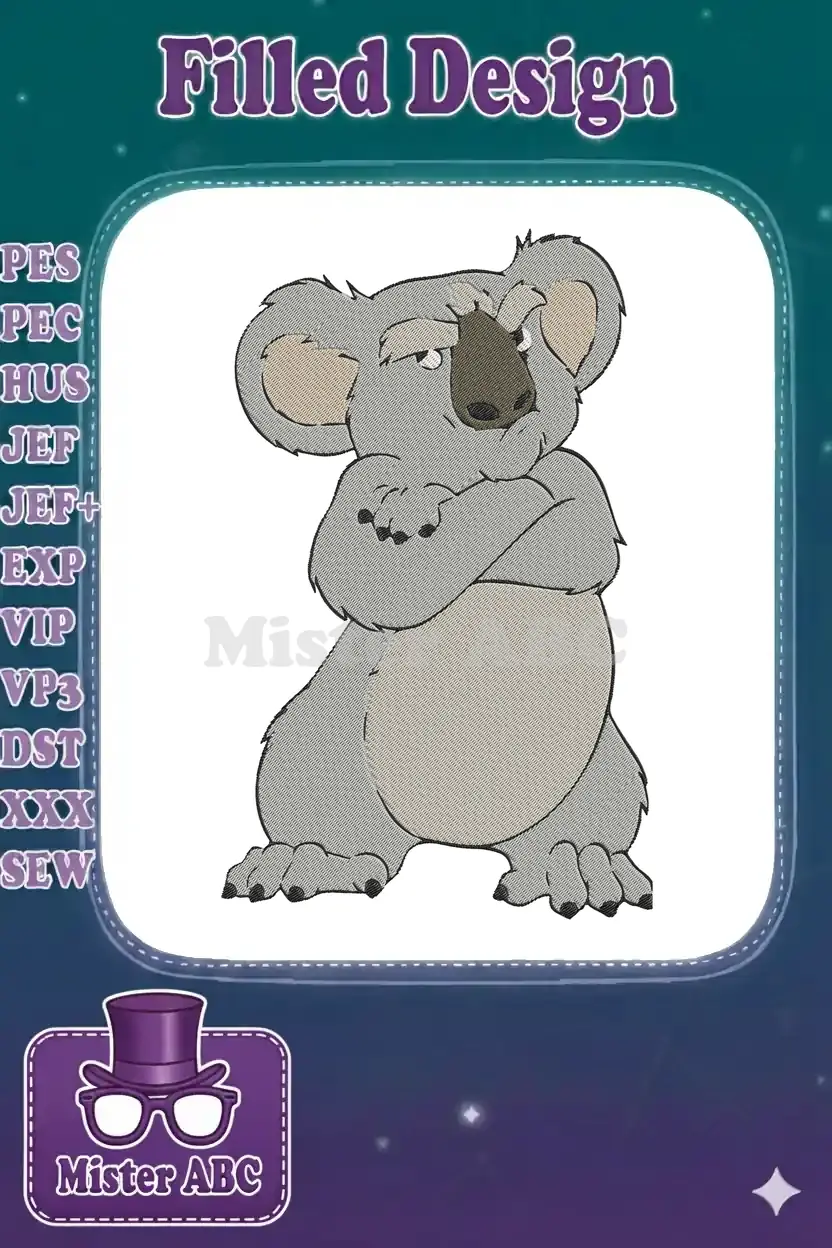A detailed embroidery design of a grumpy koala with its arms crossed, featuring textured grey fur and beige belly.