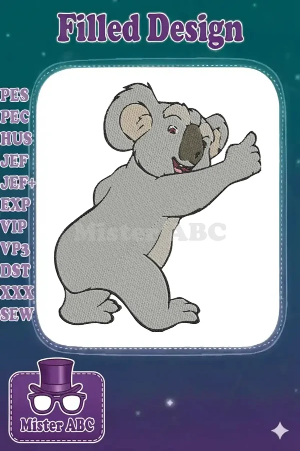 A delightful embroidery design featuring a friendly grey koala with a cheerful expression, giving a thumbs-up gesture.
