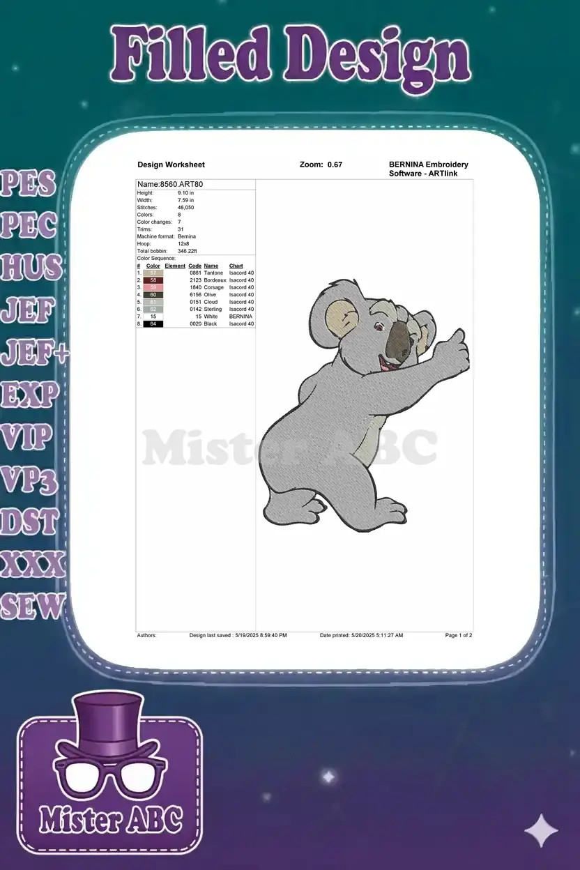 An embroidery design worksheet detailing the koala design's dimensions, stitch count, color sequence, and thread chart.
