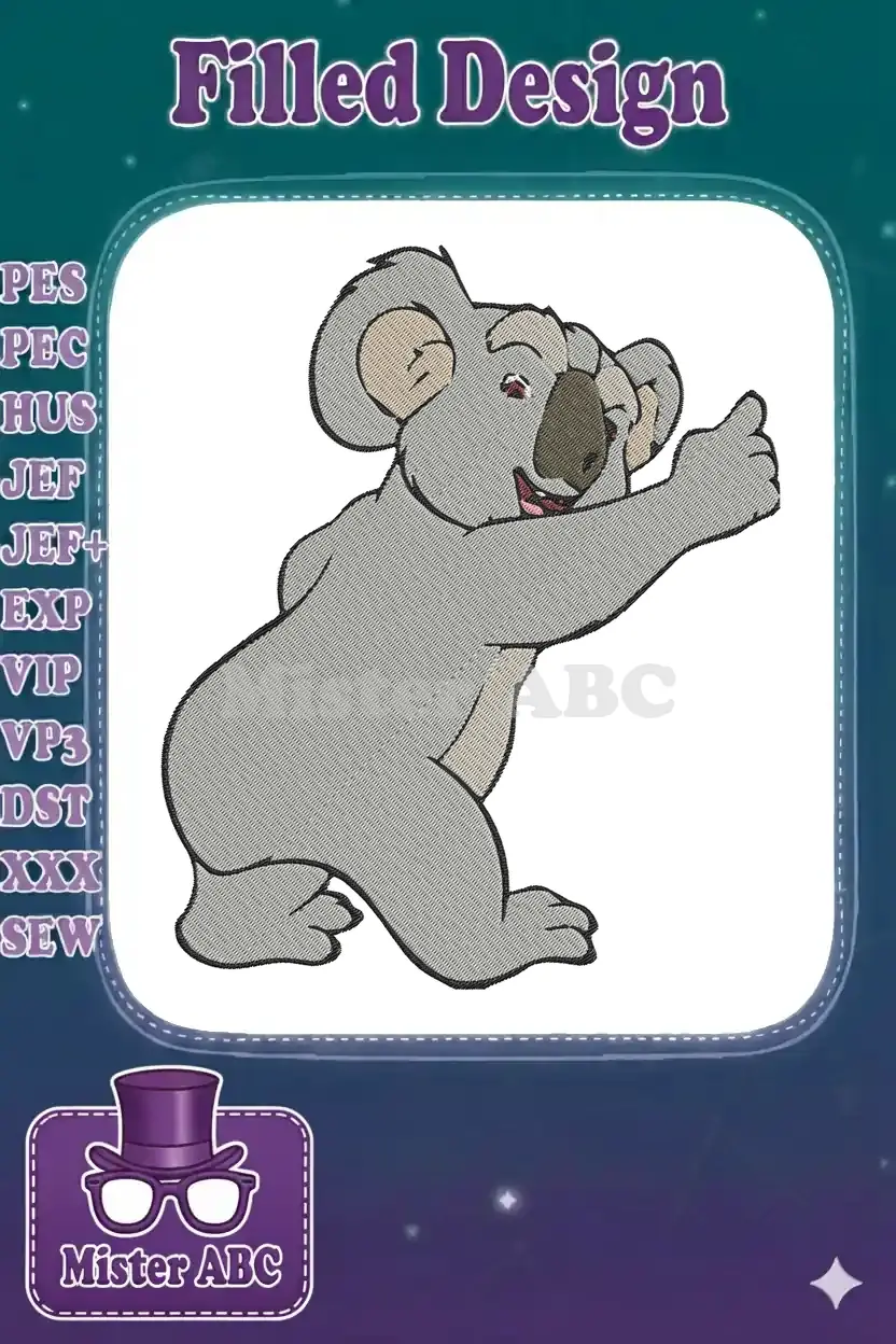 A delightful embroidery design featuring a friendly grey koala with a cheerful expression, giving a thumbs-up gesture.
