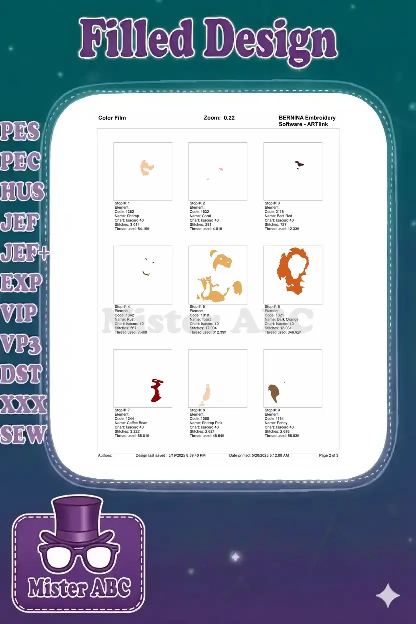 Color film breakdown showing the first nine stitching sequence stops for the lion and squirrel design.
