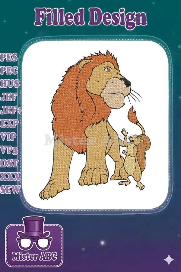 Embroidery design of a large, friendly lion with a full mane standing next to a small, energetic squirrel.
