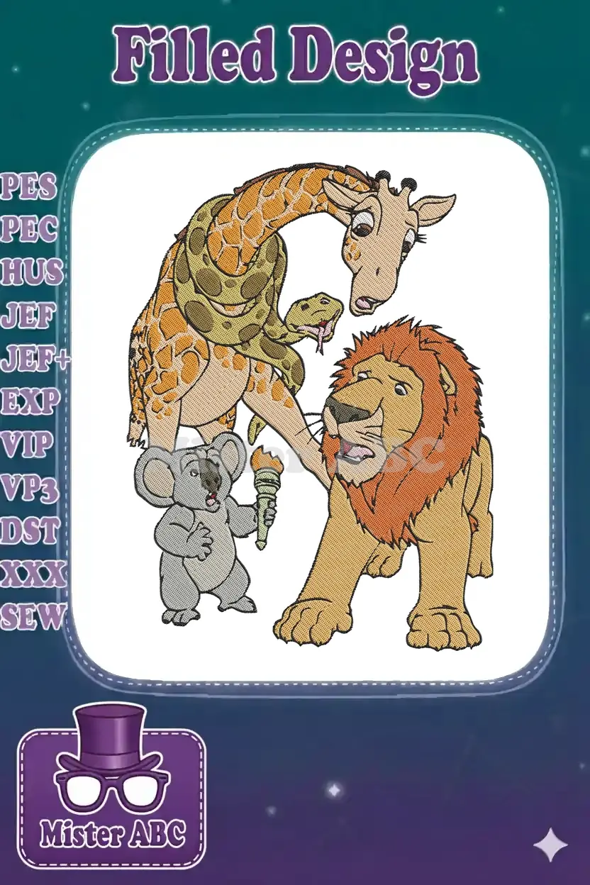 A whimsical embroidery design featuring a distressed giraffe, a coiled snake, a roaring lion, and a surprised koala.
