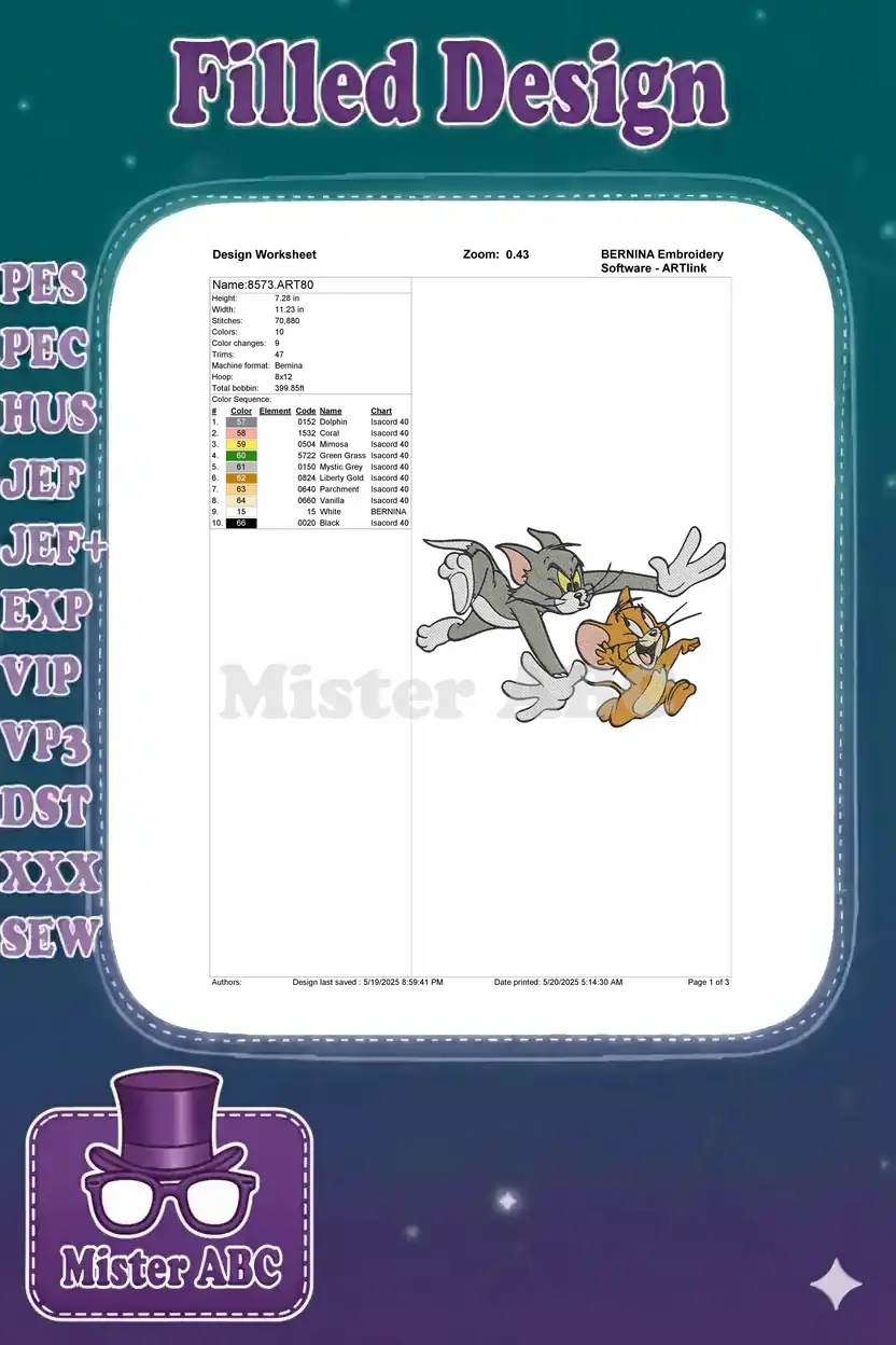Embroidery design worksheet for Tom and Jerry, detailing dimensions, stitch count, colors, and machine format.
