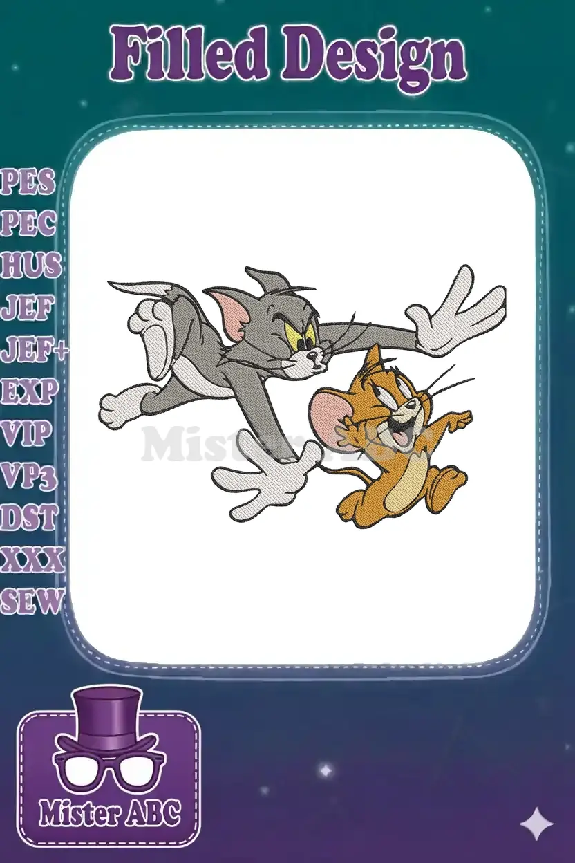 Tom and Jerry embroidery design, featuring the cat and mouse in a lively chase, perfect for cartoon enthusiasts.