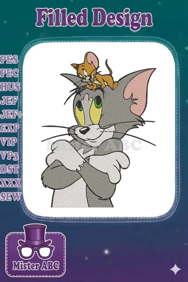 Close-up of a detailed Tom and Jerry embroidery design, featuring Jerry confidently perched on Tom's crossed arms.
