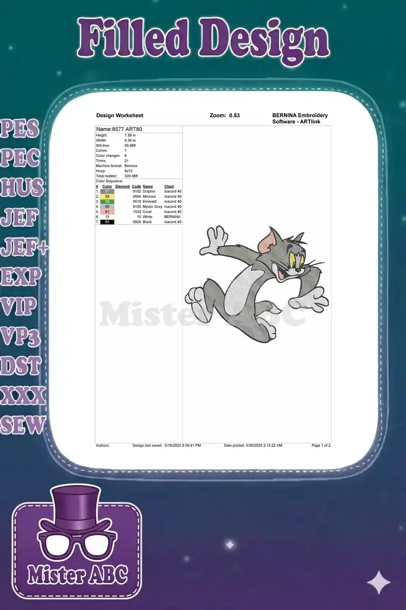 Embroidery design worksheet for Tom the Cat, detailing dimensions, stitch count, color sequence, and machine info.