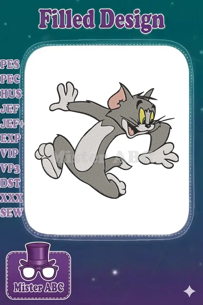Detailed embroidery design of Tom the Cat in a dynamic running pose, featuring vibrant colors and fill stitching.