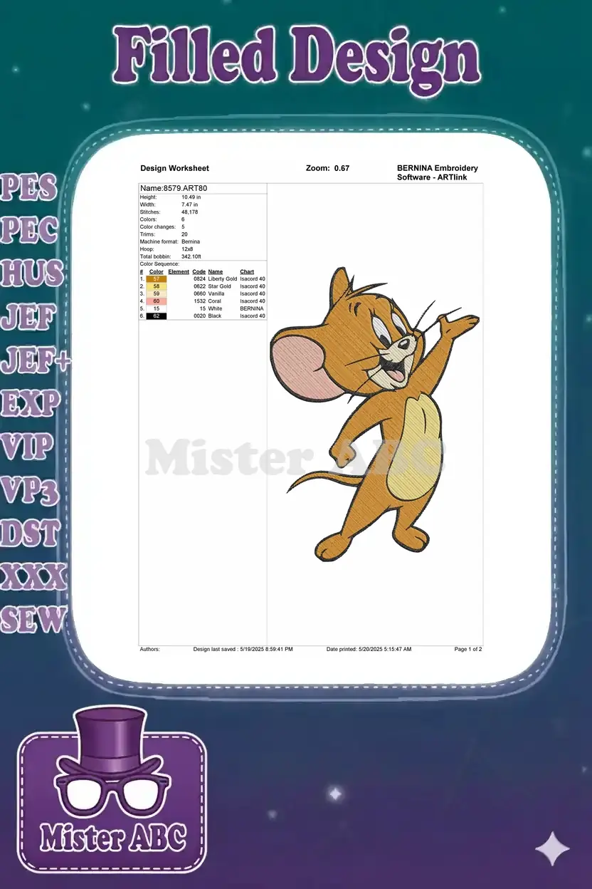 An embroidery design worksheet for Jerry Mouse, detailing specifications like dimensions, stitch count, and color sequence.
