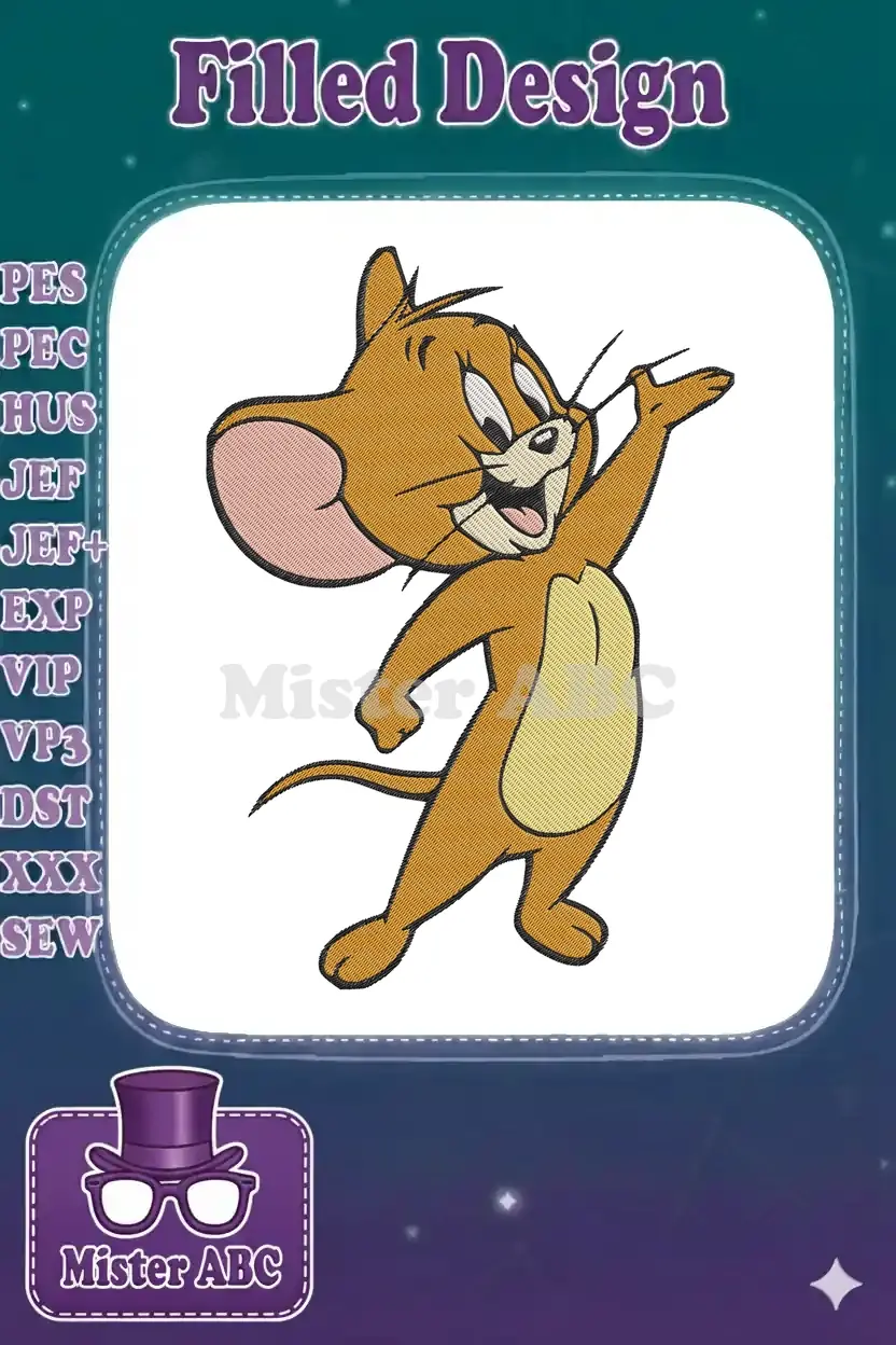 A vibrant embroidery design featuring Jerry Mouse from Tom and Jerry, smiling and reaching out, showcasing detailed stitches.