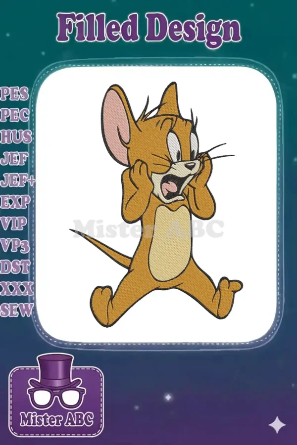 Jerry Mouse embroidery design, wide-eyed and surprised, hands near face, rendered with detailed satin stitches.