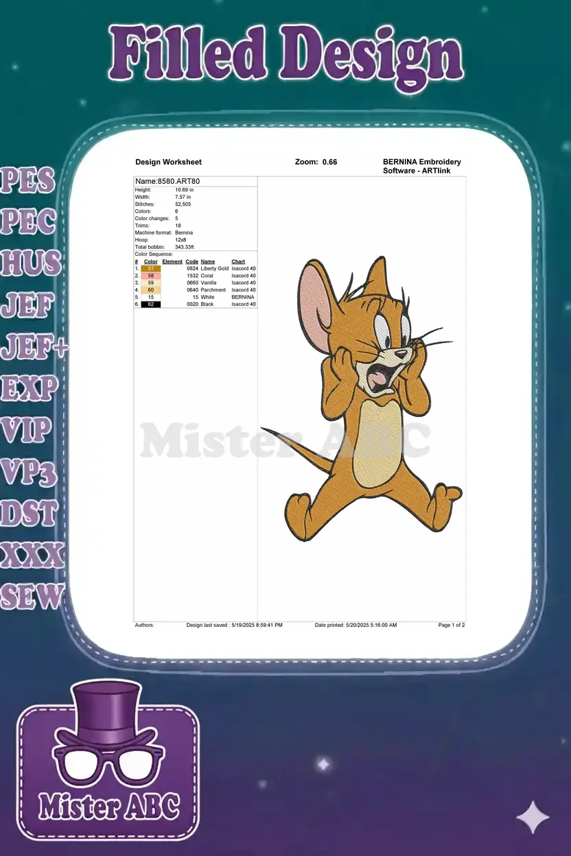 Embroidery design worksheet for Jerry Mouse, detailing dimensions, stitch count, color sequence, and machine info.