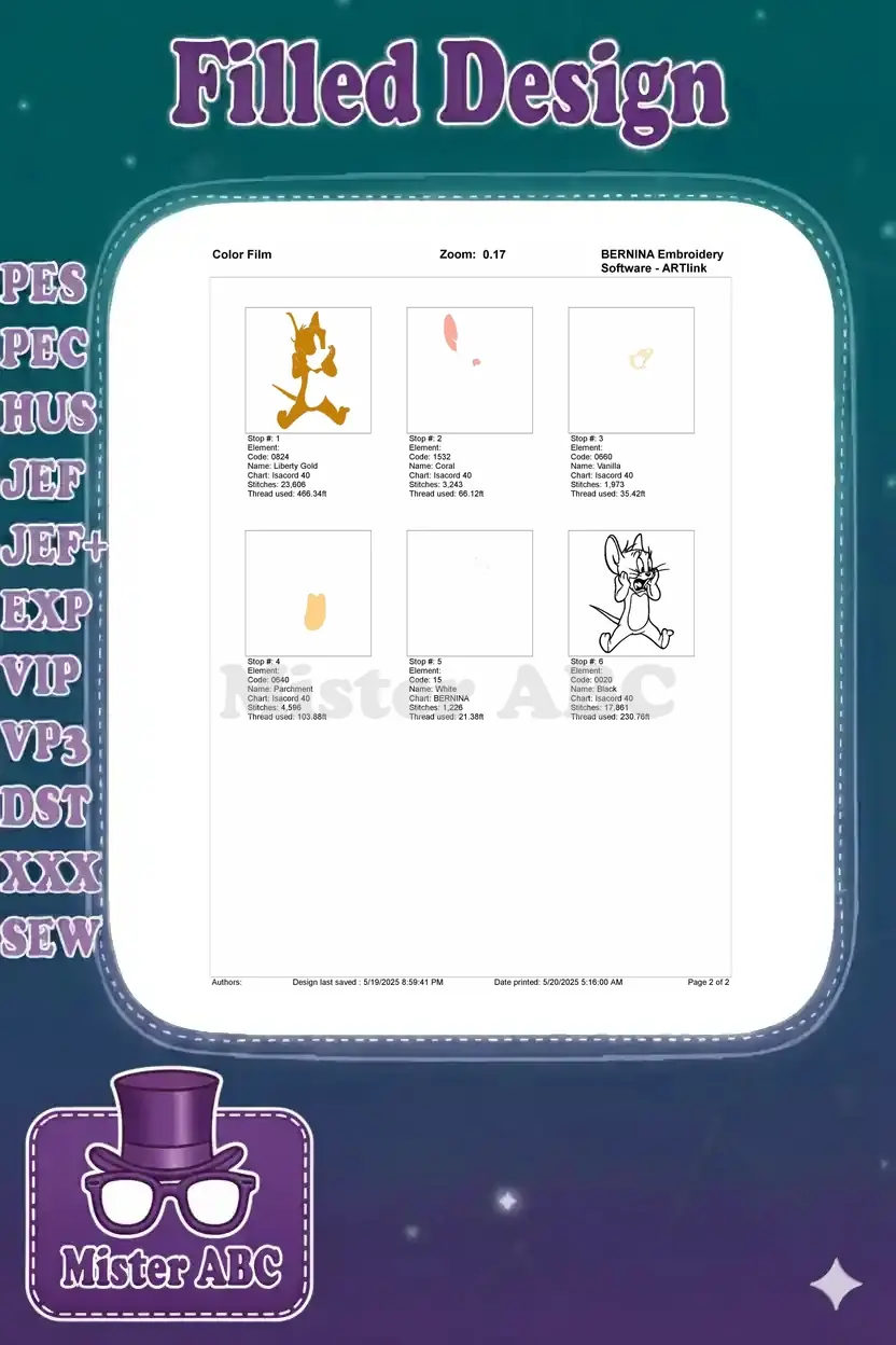 Color film breakdown for Jerry Mouse embroidery, showing each stitch stop, element, color, and thread usage.