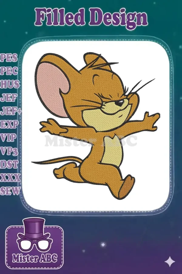 Close-up of a cheerful Jerry Mouse embroidery design, depicted in an energetic running pose with classic cartoon styling.