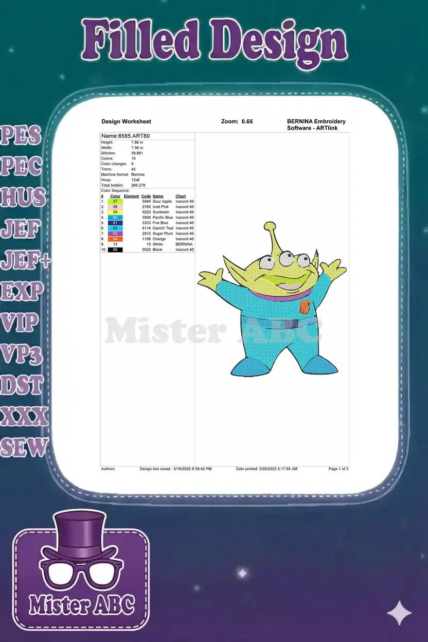 Embroidery design worksheet for '8585.ART80' showing dimensions, stitch count, color chart, and alien preview.