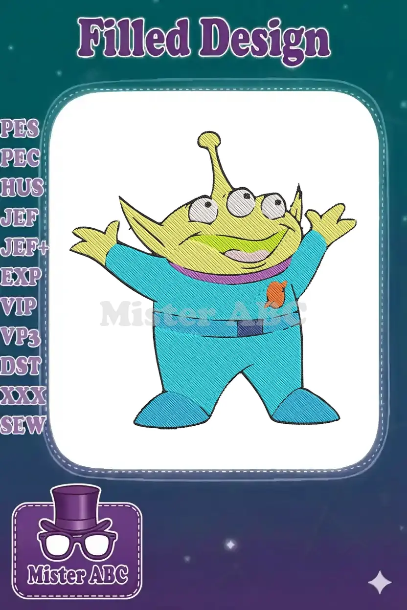 Vibrant embroidery design of a happy, three-eyed green alien from Toy Story, arms outstretched, ready for fun.