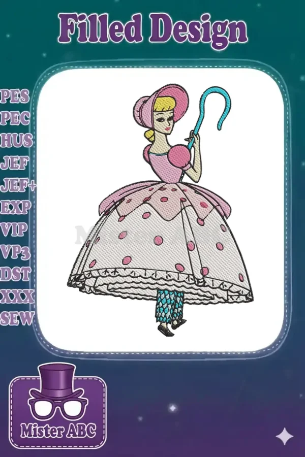Bo Peep embroidery design from Toy Story, featuring her pink dress, bonnet, and shepherd's crook in detail.