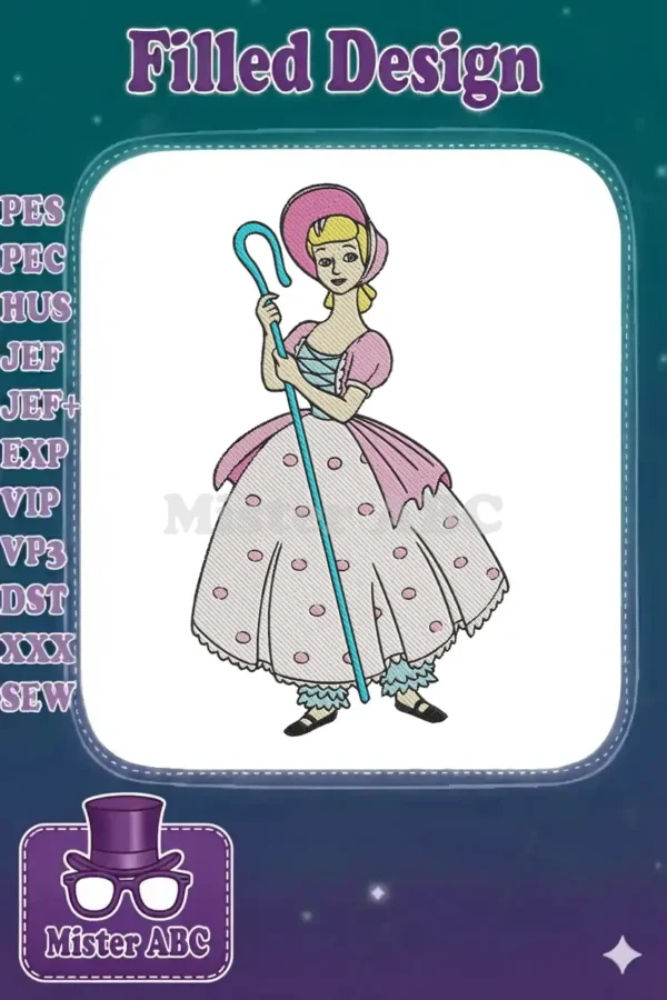A vibrant embroidery design of Bo Peep from Toy Story, holding her shepherd's crook, on a white background.