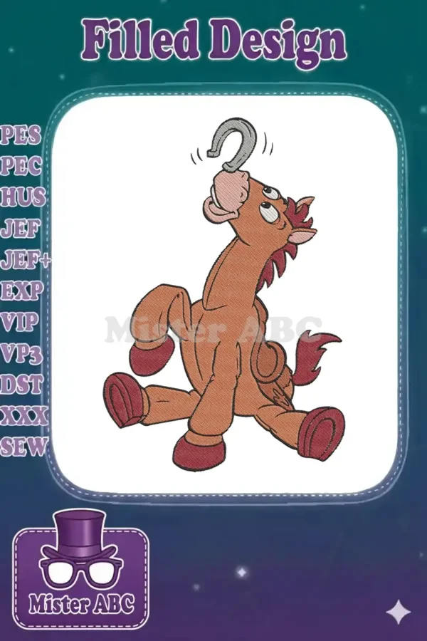 Bullseye, the spirited horse from Toy Story, depicted in an embroidery design, playfully looking up at a floating horseshoe.