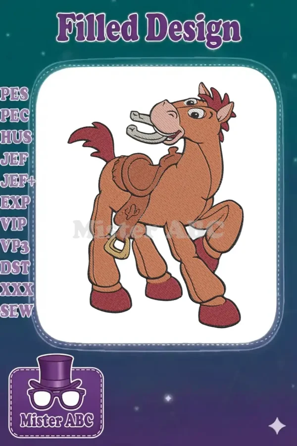 Detailed embroidery design of Bullseye the horse, featuring vibrant colors and intricate fill stitch details on a white background.