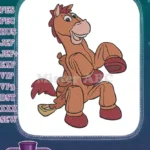 Happy cartoon brown horse prancing embroidery designs with yellow horseshoe - Instant Download