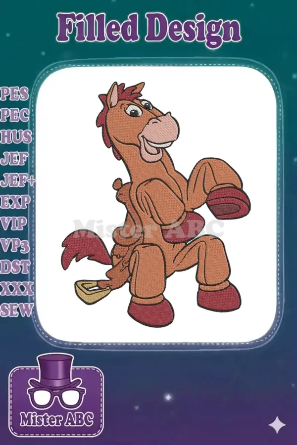 Lively embroidery design of Bullseye, the cheerful horse from Disney Pixar's Toy Story, prancing dynamically.