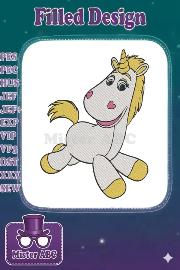 Playful Buttercup the unicorn from Toy Story, an embroidery design featuring her lying down with a smile.