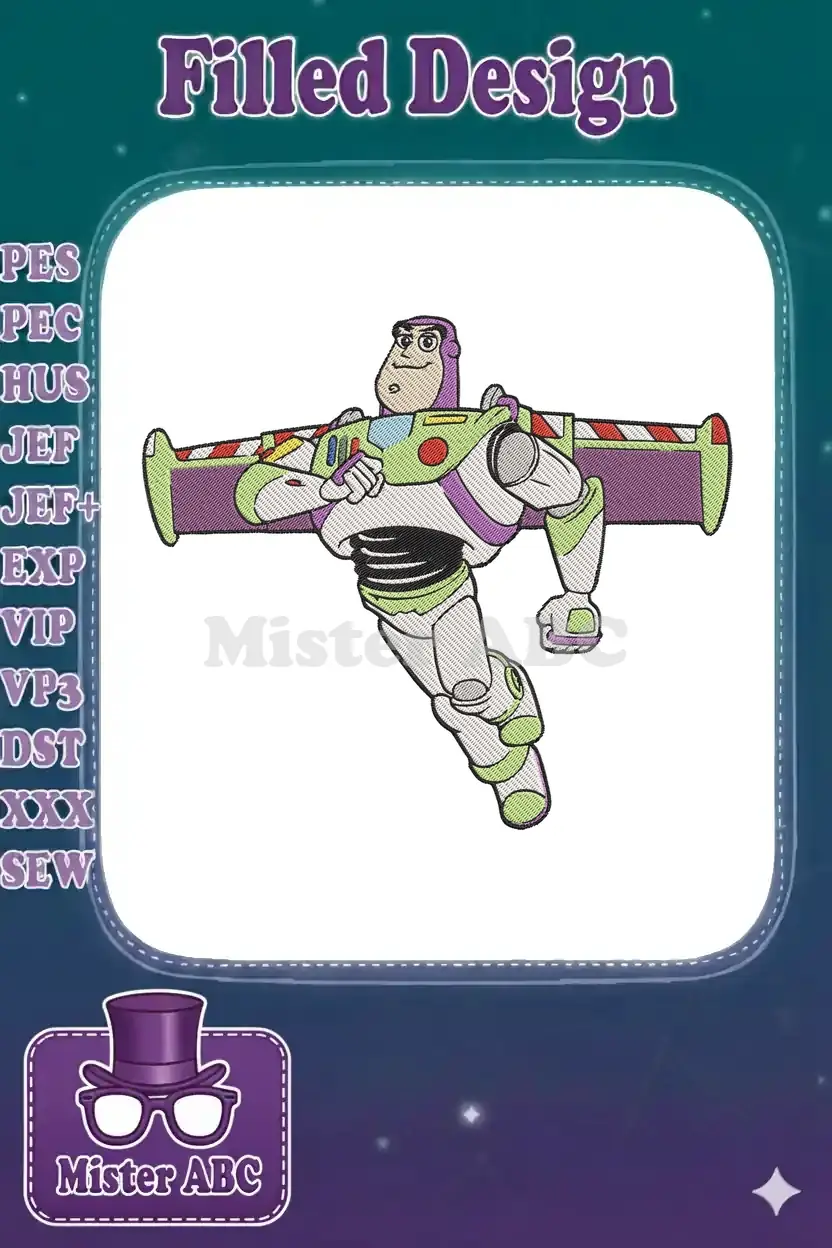 Dynamic Buzz Lightyear embroidery design, featuring the iconic space ranger in a flying pose with vibrant colors.