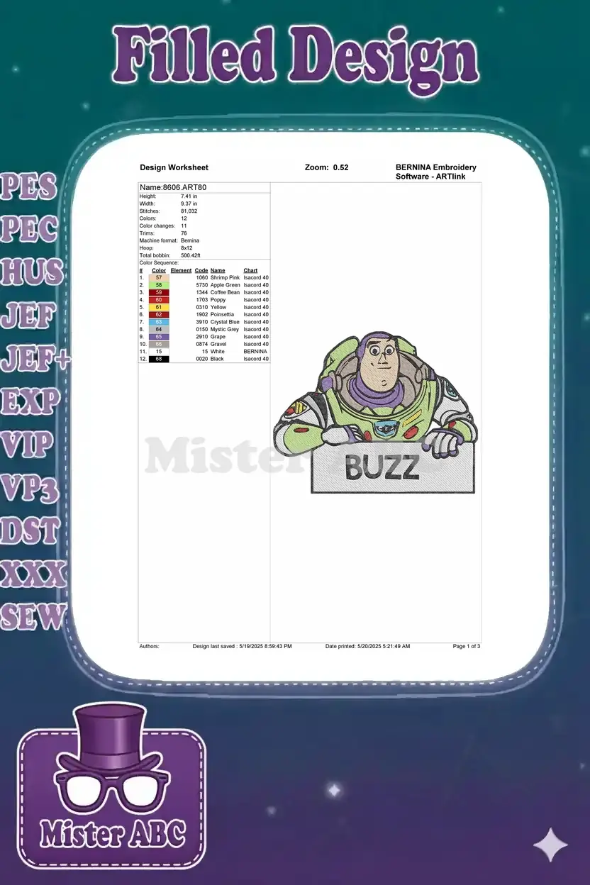 Detailed embroidery design worksheet for Buzz Lightyear, showing dimensions, stitch count, and color chart.